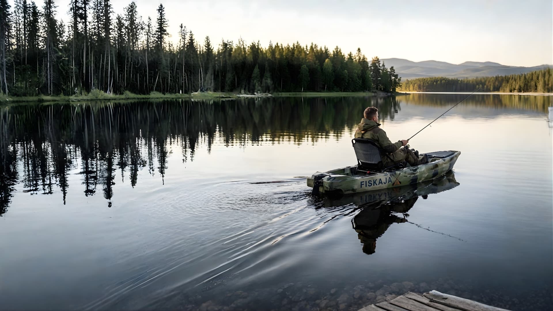 FiskajaX kayak on calm Swedish lake