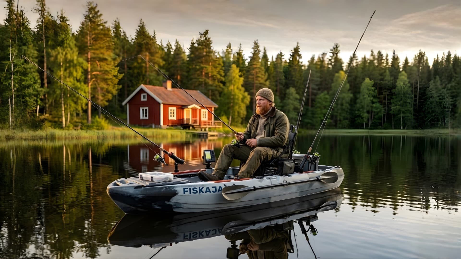 FiskajaX kayak fishing near Swedish stuga